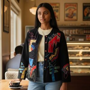 Allure Boutique Black Abstract Art Embroidered Button Up Jacket M